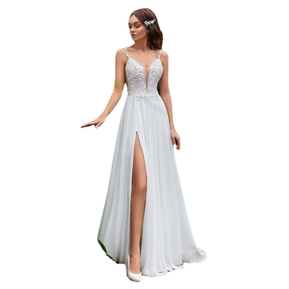 Boho Backless Chiffon Wedding Dress – Sexy Side Slit & Lace Appliques |Sexy Side Slit Boho Chiffon Wedding Dres