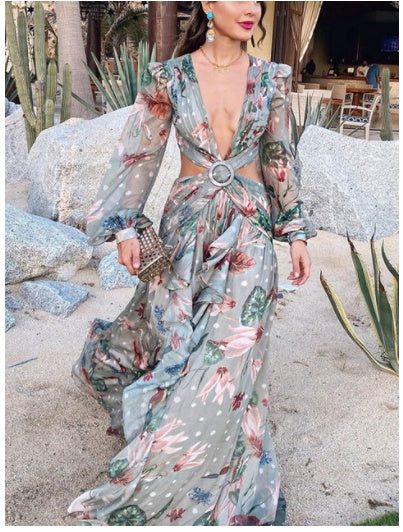 Sultry Elegance: Lace V-Neck Lantern Sleeve Long Dress
