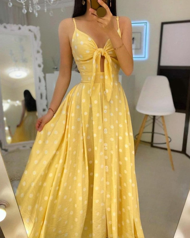 Slingshaped Polkadot Midlength Skirt Highwaist Split Dress