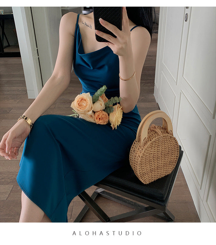 Women's Mid-length Satin Sling Dress