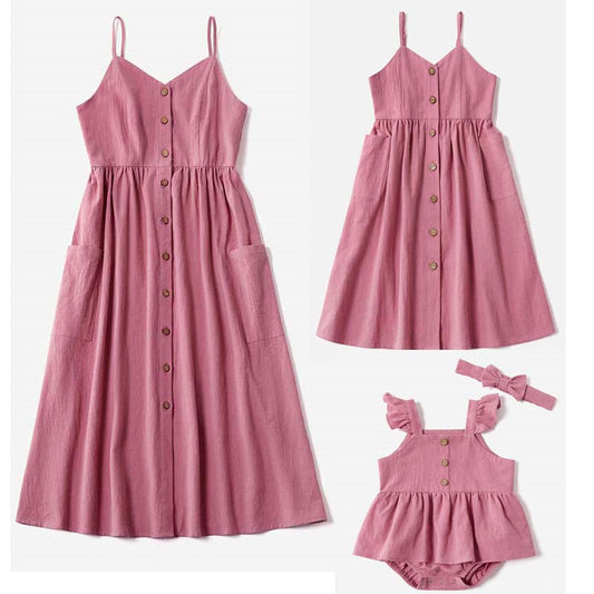 Pure Color Sling Dress Mother And Daughter Parent-child Wear