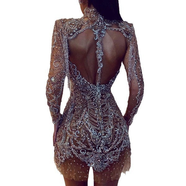 Women's Dress Gold Backless Transparent Cutout Sexy