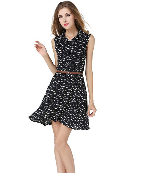 USA SIZE Women's shirt dress cat print slim dress shirt skirt send belt