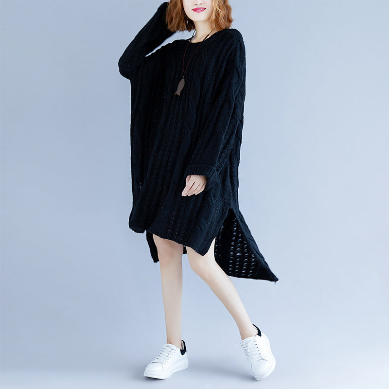Women's round neck slit long sleeve solid color twist sweater dress