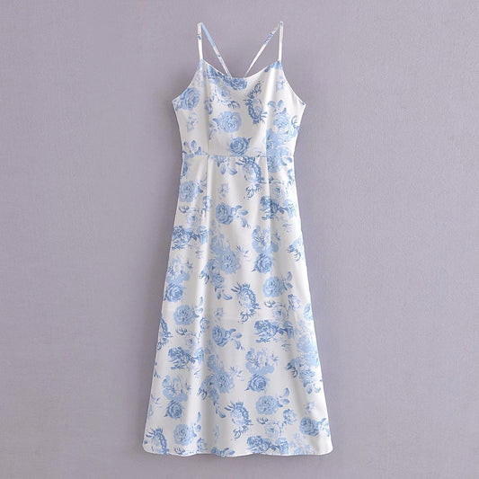 Digital Blue Flower Halter Strap Dress