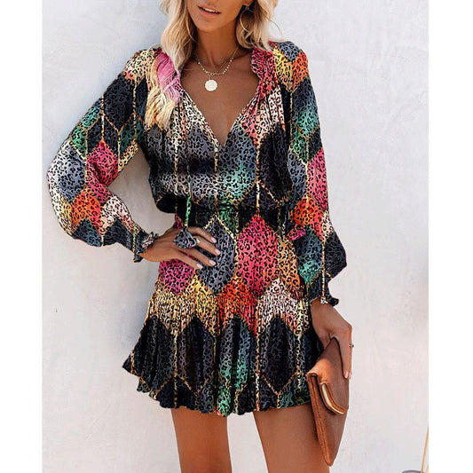 Bohemian Floral Print Puff Sleeve Dress – Tie Waist Casual Chic
