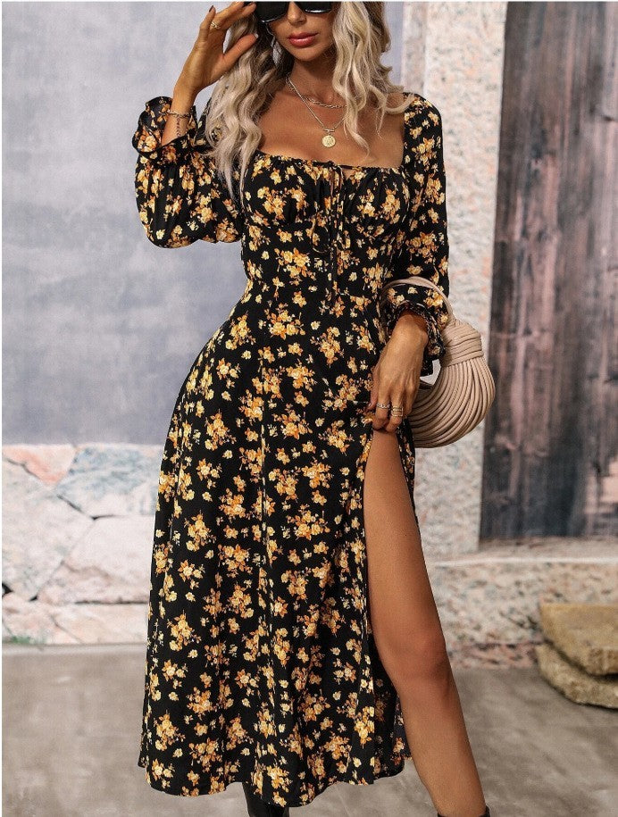 Boho Breeze Split Maxi Dress Printing Long Sleeve Square-neck Bottom Slit Dresses Boho Style 2025