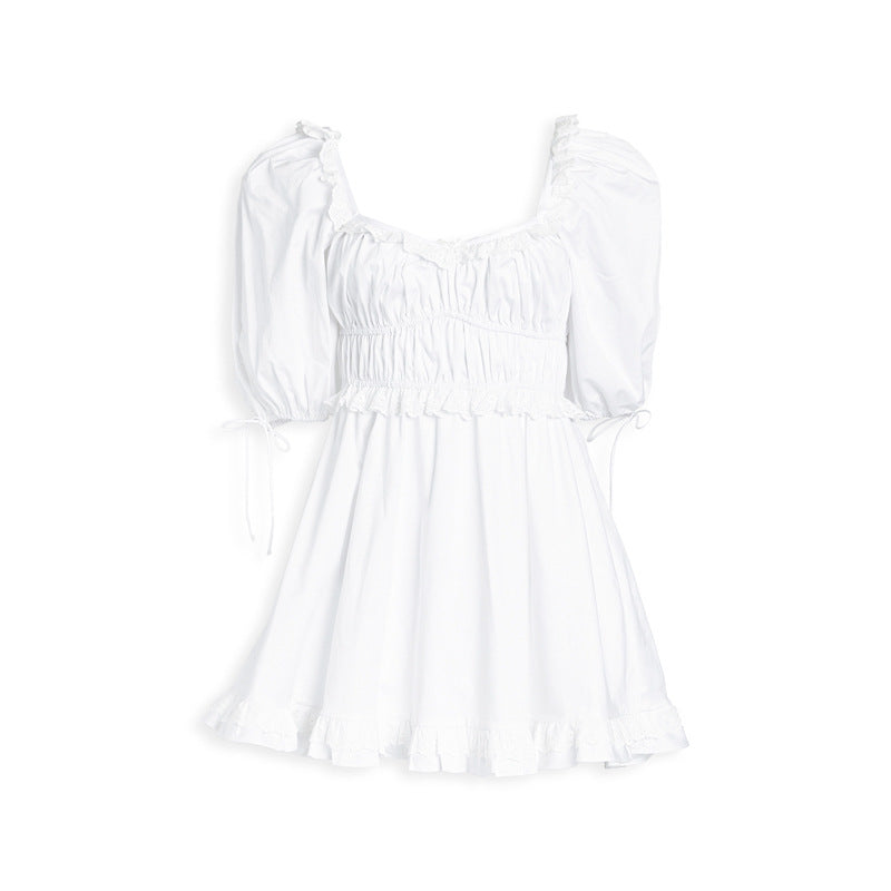 Square neck puff sleeve waist slimming dress