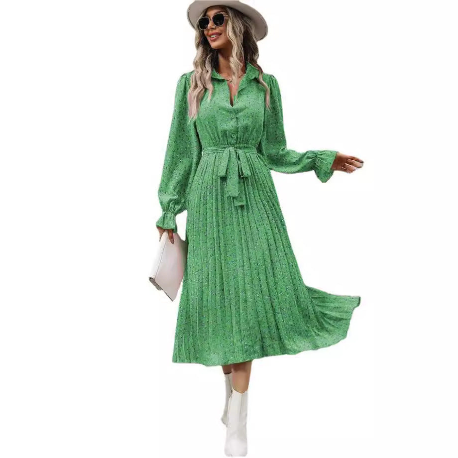 Fashion Tie Pleated Long Sleeve Big Hem Dress