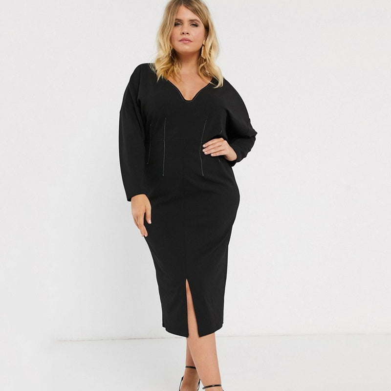 Chubby Knitted Wastband Slimming Front Slit Dress