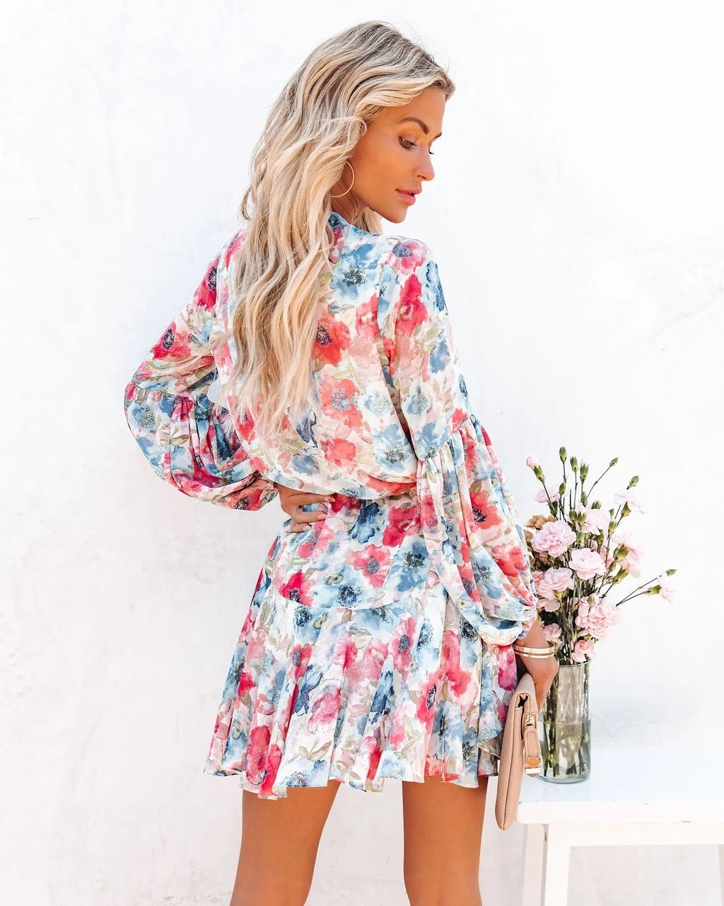 Plaid Printed Lantern Sleeve Ruffled Hem Long Sleeve Dress