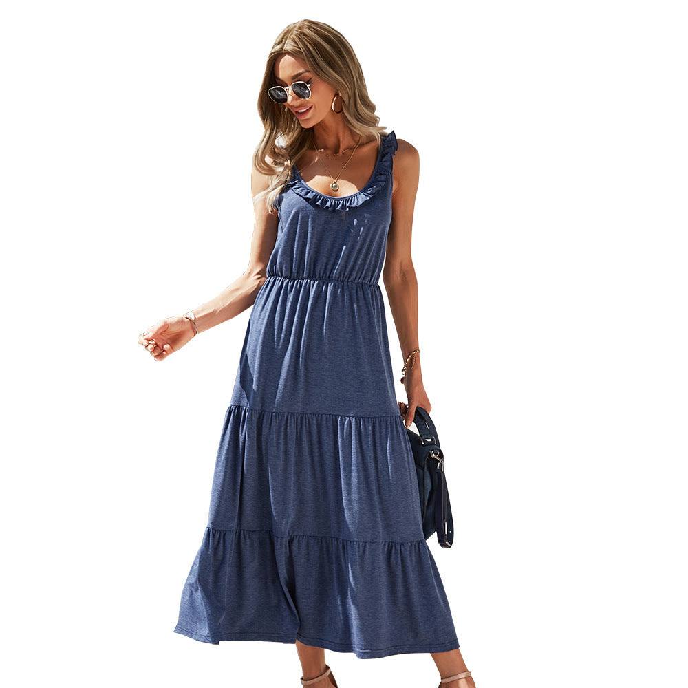 Navy Blue Mid-length Skirt Leisure Vacation Solid Color Skirt