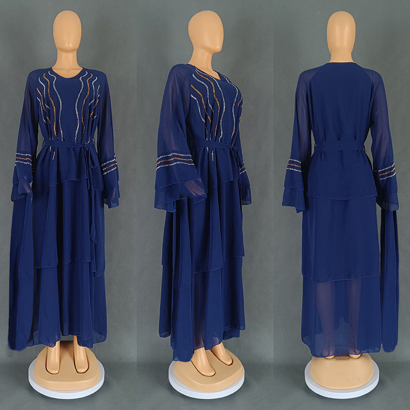 Women's Chiffon Rhinestone Cake Dress With Headscarf