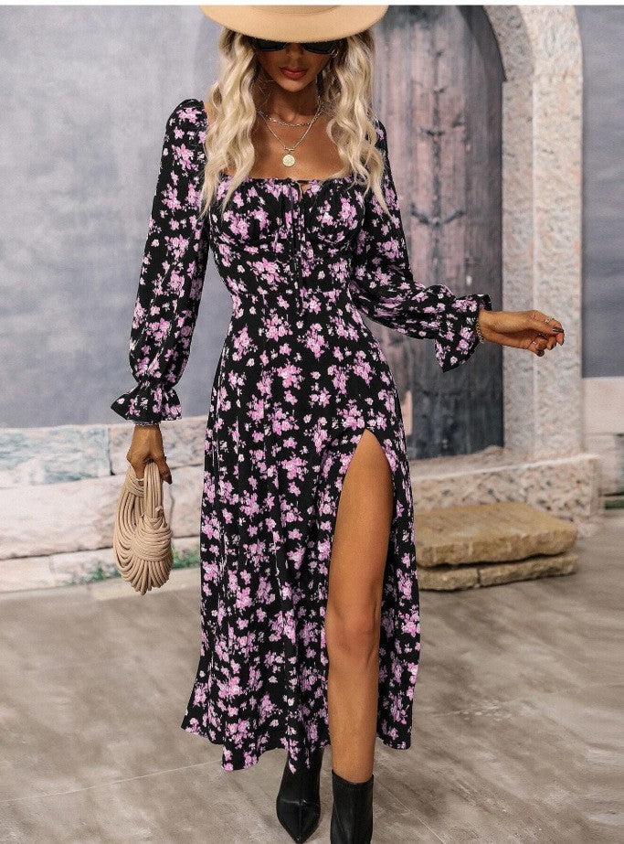 Boho Breeze Split Maxi Dress Printing Long Sleeve Square-neck Bottom Slit Dresses Boho Style 2025