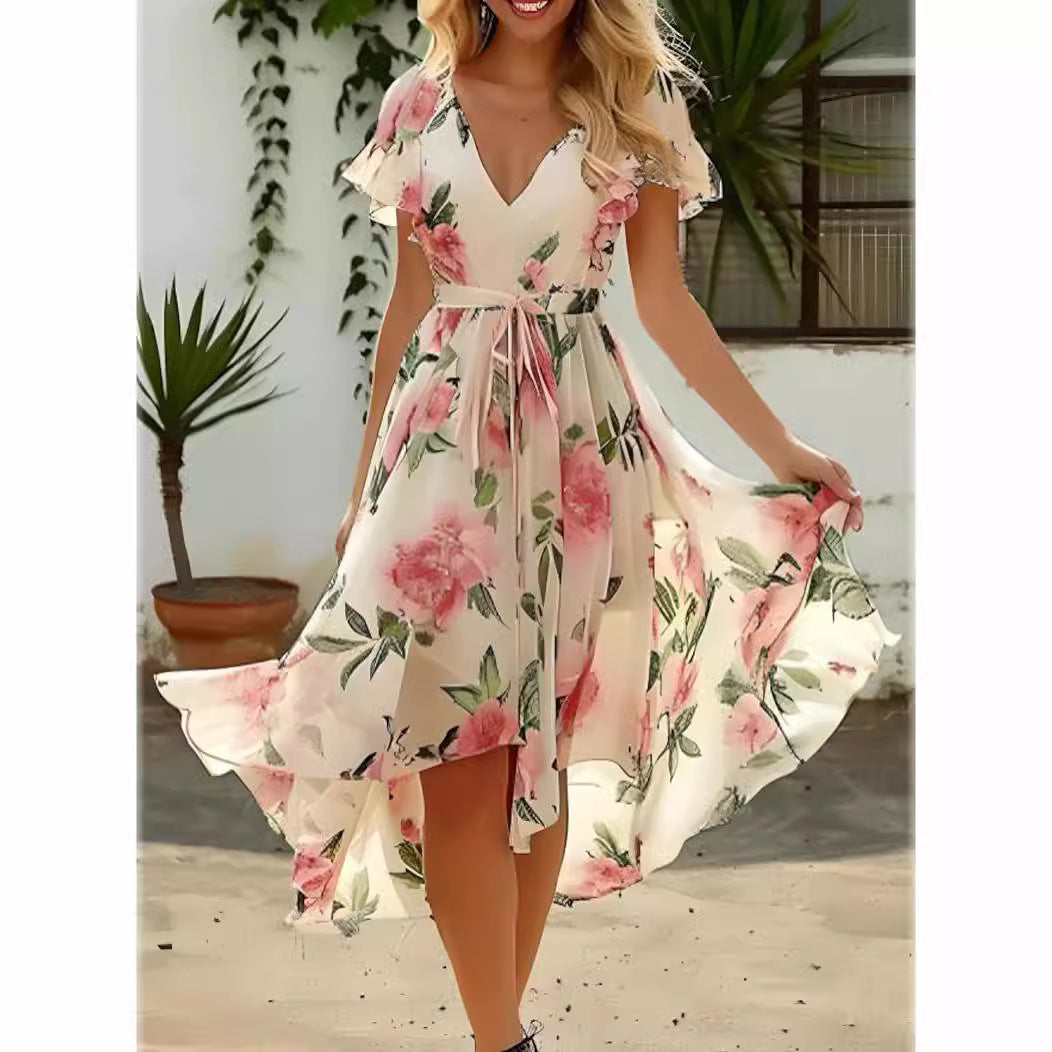 Floral A-Line V-neck Mid-length Slim-fit Printed Dress| Womens Day Dresses