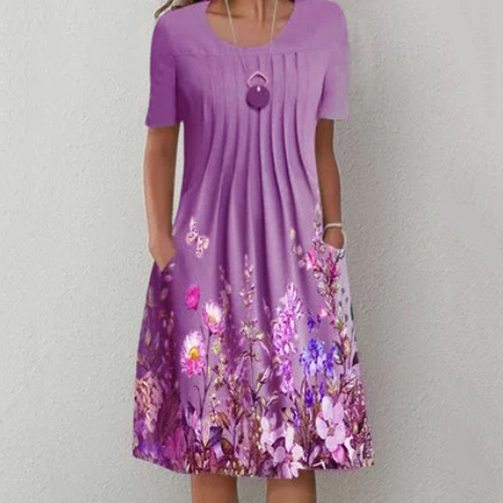 Casual Floral Round Neck Mid-Length Straight Dress