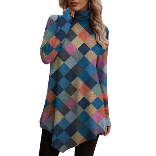 Retro Color Tartan Skirt Turtleneck Long Sleeve Dress