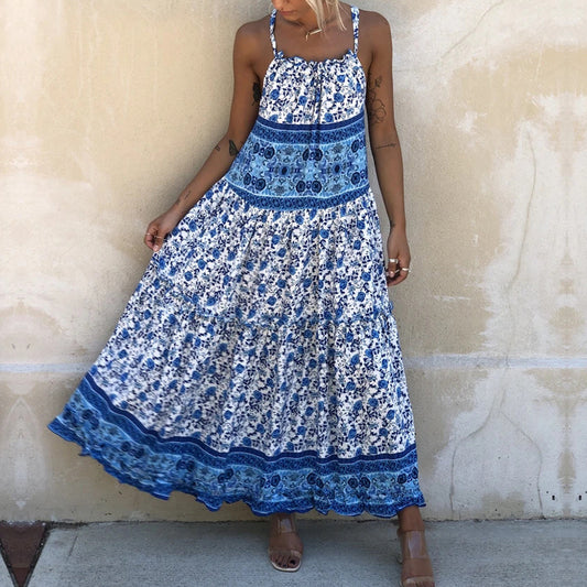 Sleeveless suspender print sexy backless dress