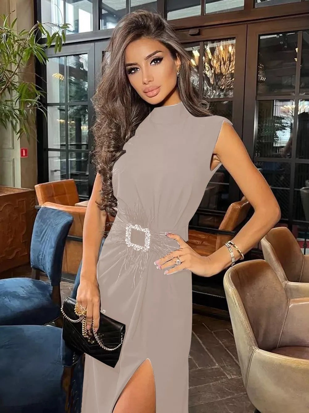 Temperament Waist-controlled Slimming Slit Fashionable Elegant Diamond Belt Bandage One-piece Dress