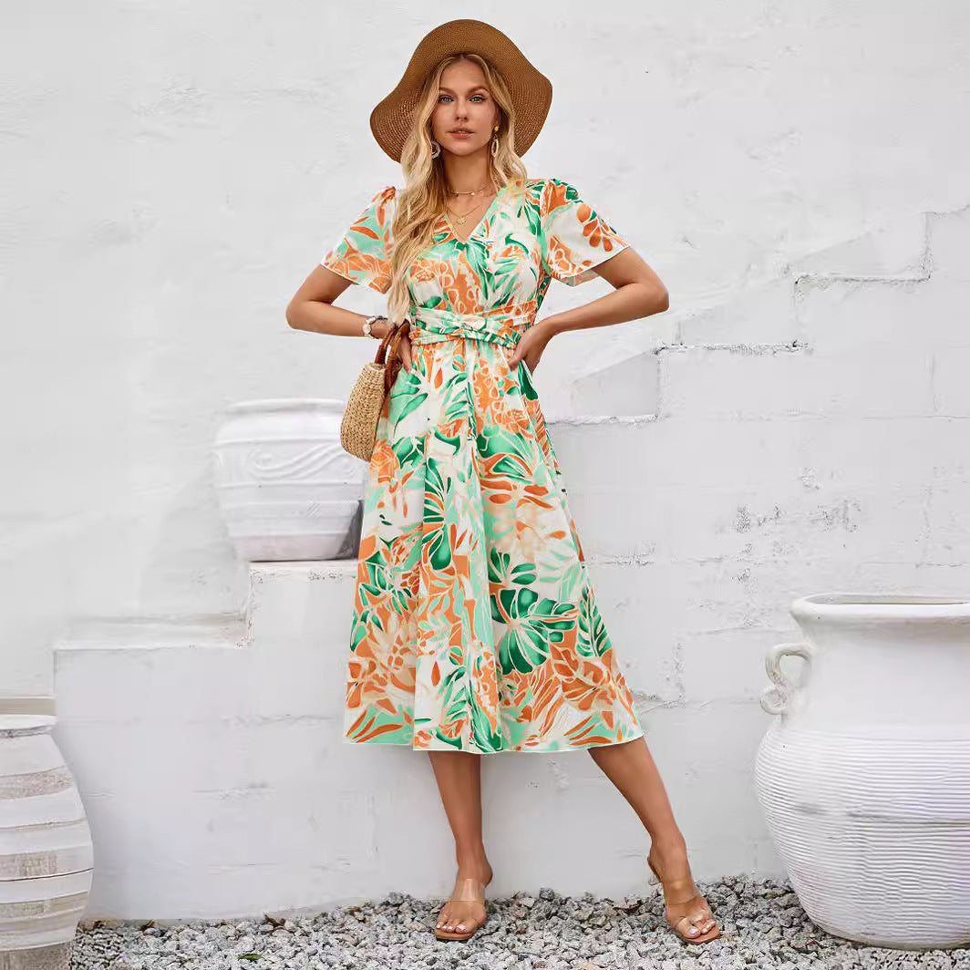 Casual Summer Short Sleeve Printed V-neck Dress