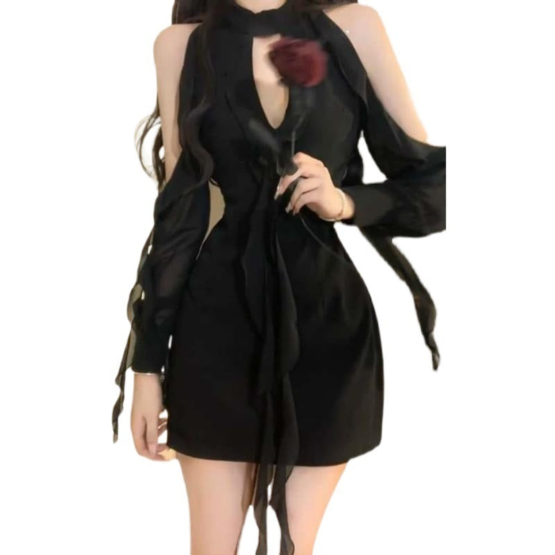 Hot Girl Style Design Black Mori Style Summer New Pure Desire Style Cinched Short Dress