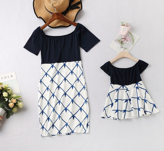 Europe and the United States parent-child mother and girl off-the-shoulder print skirt one-shoulder women's clothing