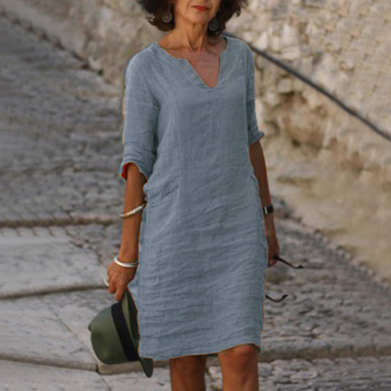 Short sleeve U-neck mid-length dress