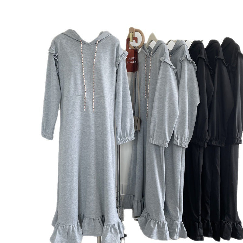 Pullover Dress Thickened Hooded Ruffled Long