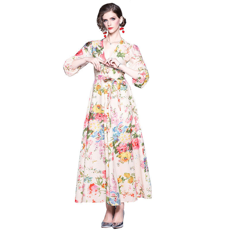 Ladies V-neck long sleeve cotton and linen dress