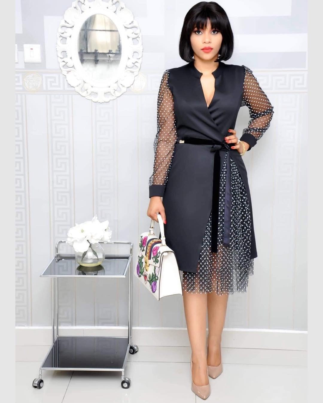 European And American Large Size Polka Dot Net Yarn V-neck Stitching Dress Mother Dress