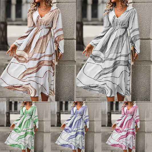 Women's Fashion Positioning Printing V-neck Long-sleeve Dress