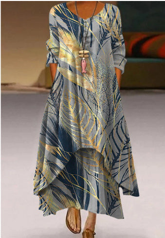 Women's Printed Long Sleeve Irregular Dress