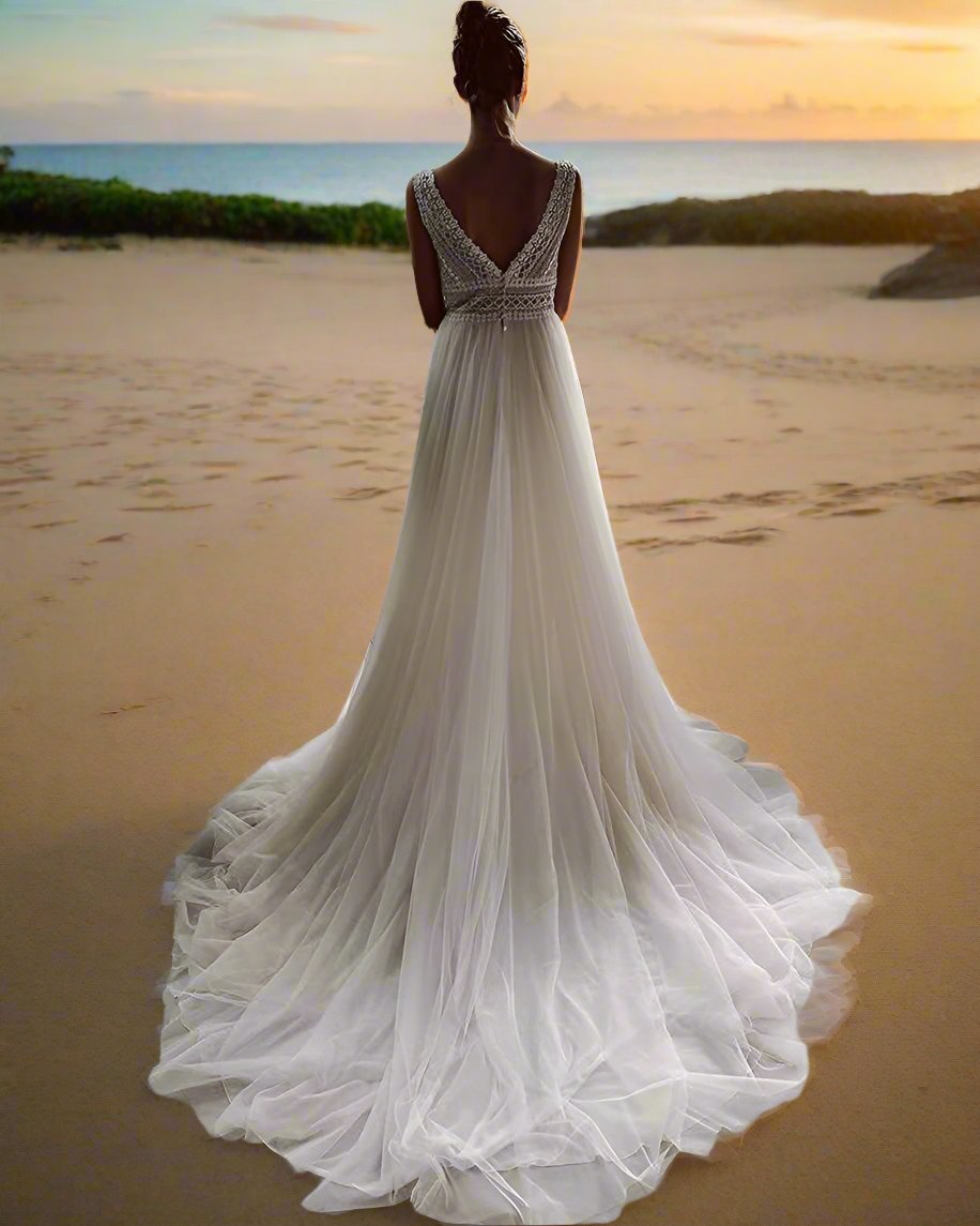 Endless Elegance Boho Beach Wedding Gown - Lace See-Through Waist Slimming Outdoor Mesh Bridal Dress