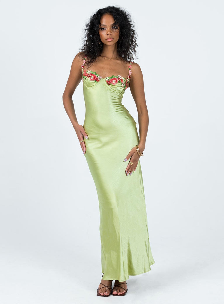 Kenzie Maxi Green Dress Embroidered Lace Solid Color Long Dress