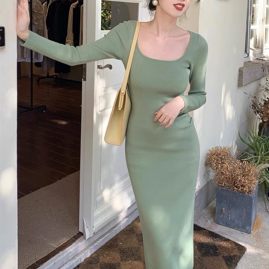 Retro Square Collar Knitted Dress