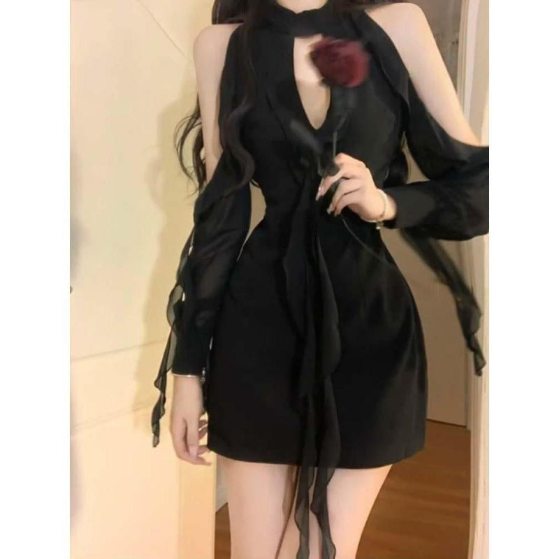 Hot Girl Style Design Black Mori Style Summer New Pure Desire Style Cinched Short Dress