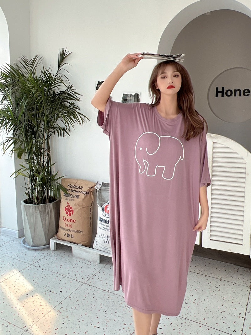 Mid Length Modal Print Dress Loose Nightdress