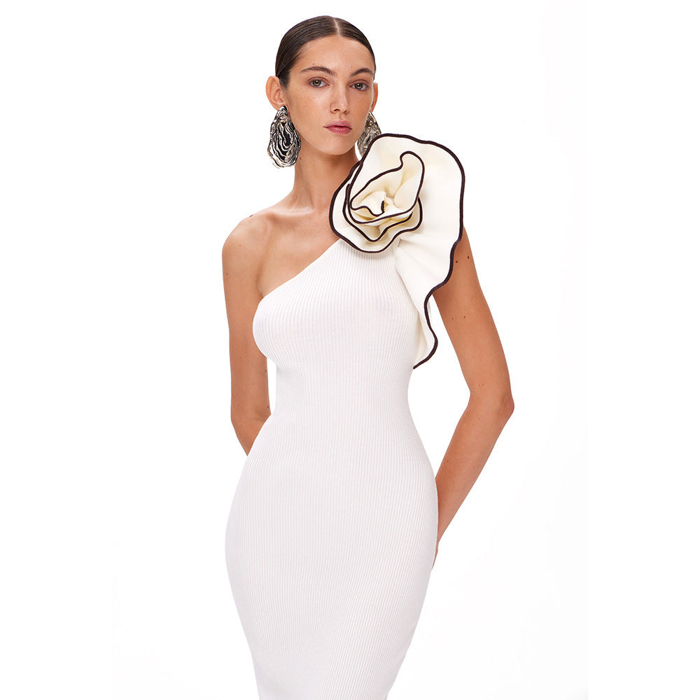 White One-shoulder Flower Black Hook Slim Fit Long Dress