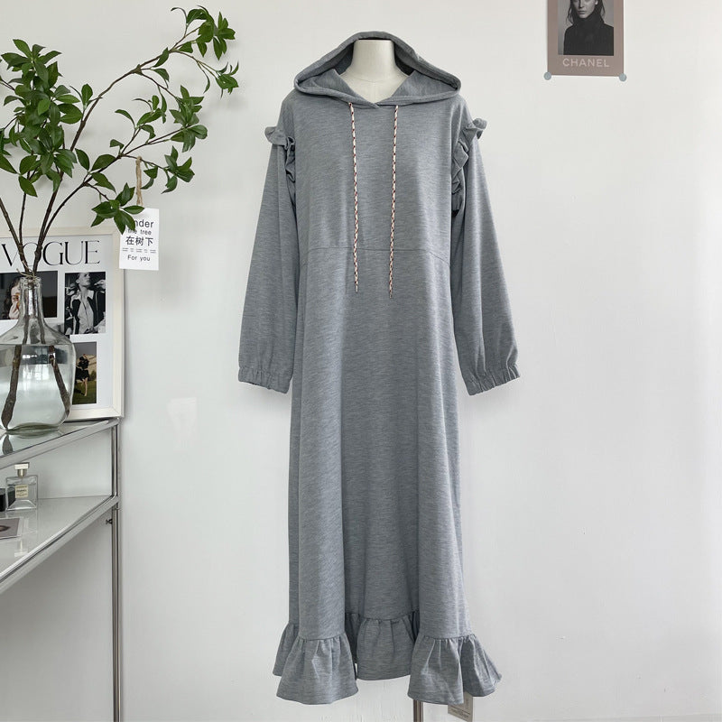 Pullover Dress Thickened Hooded Ruffled Long