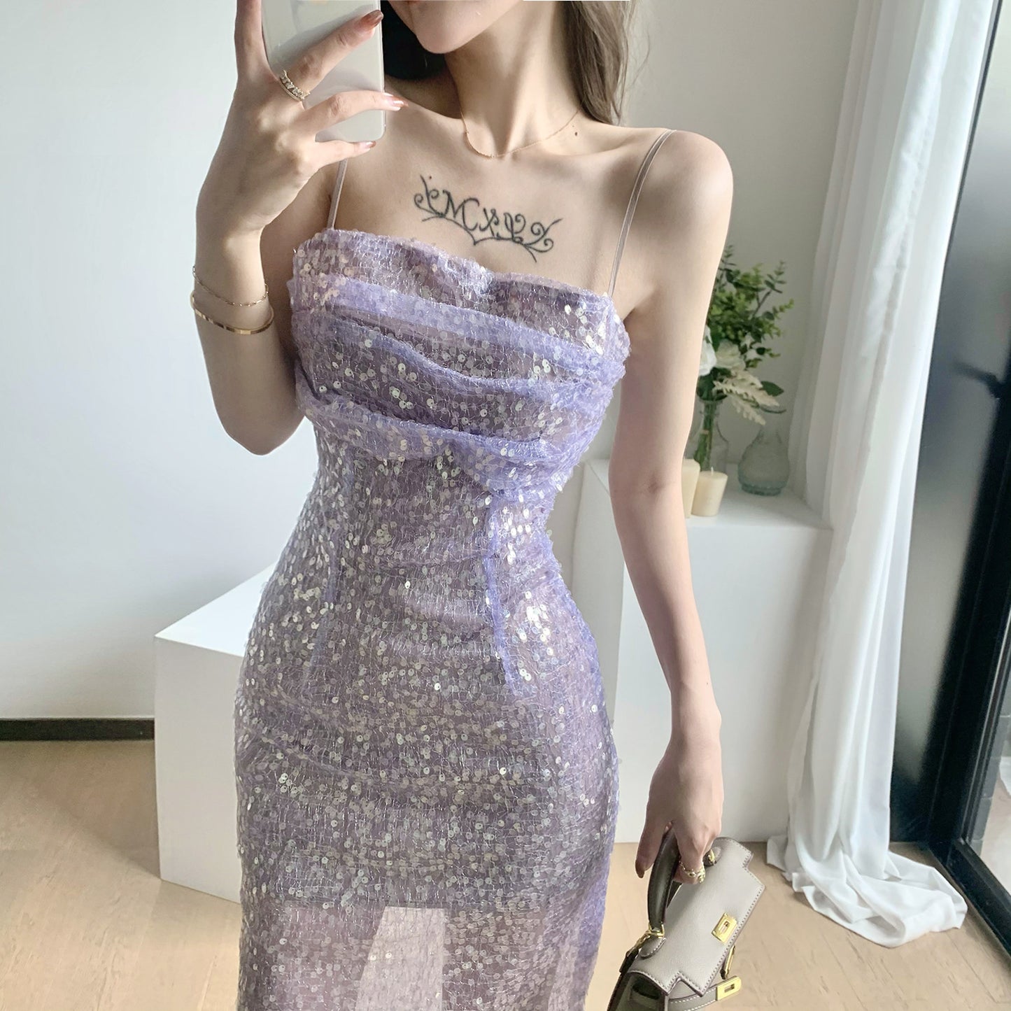 Women's Mid-length Sequined Pleated Suspender Dress