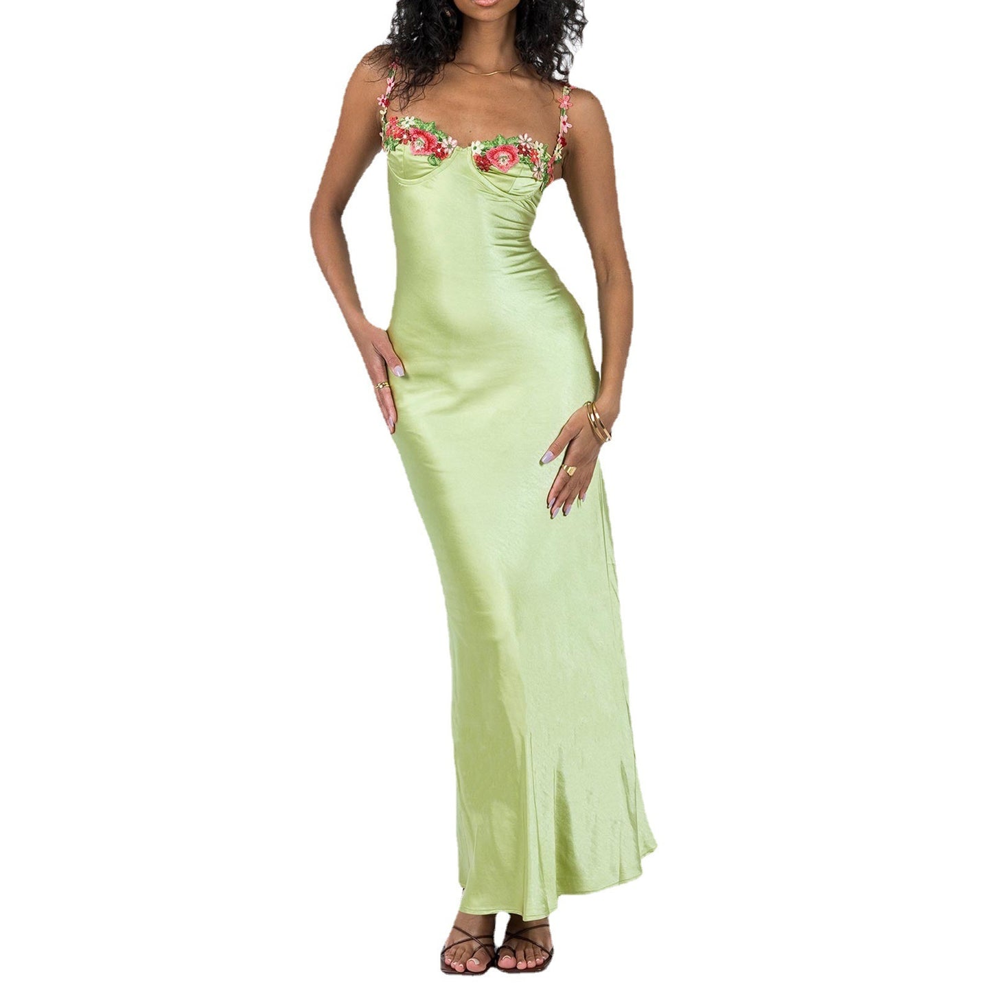 Kenzie Maxi Green Dress Embroidered Lace Solid Color Long Dress