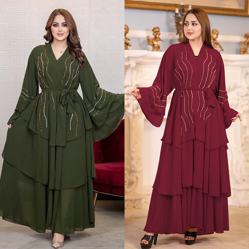 Women's Chiffon Rhinestone Cake Dress With Headscarf