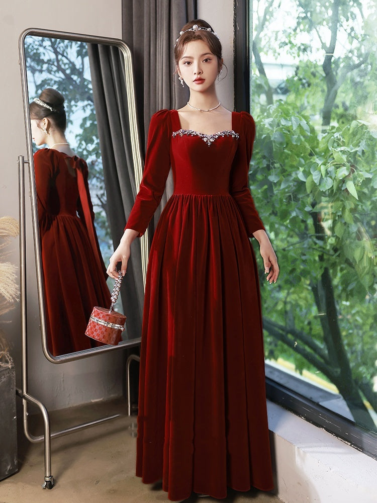 Wine Red Velvet Evening Dress Bride Out Of Court Banquet Dress