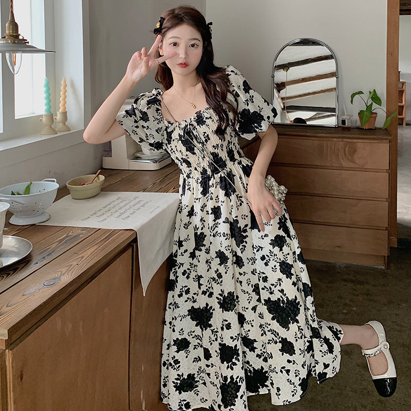 Women's Fashion Square Collar Ruffle Puff Sleeve Waist-controlled Lace-up Dress