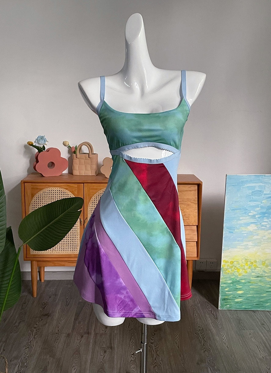 Y2K Aesthetic Patchwork Front Cut Out Stripe Spaghetti Strap Sexy Rave Party Dresses
