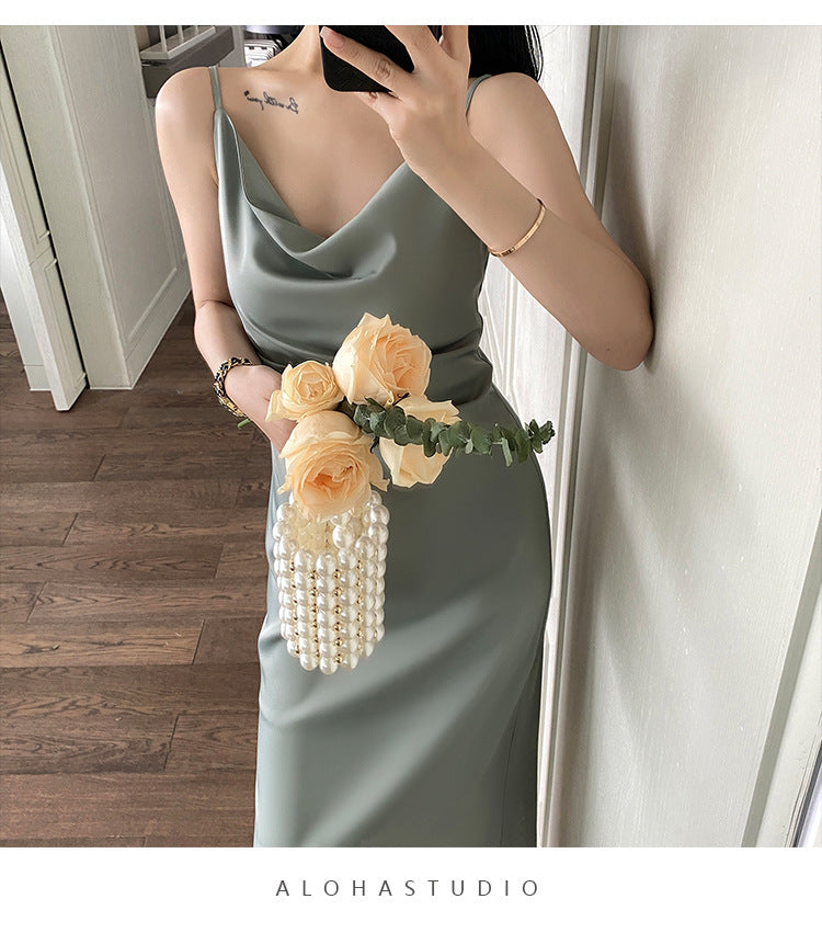Women's Mid-length Satin Sling Dress