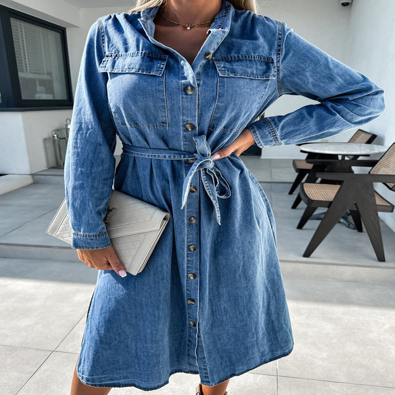 Women's Casual Polo Collar Waist-controlled Lace-up Anti-denim Dress