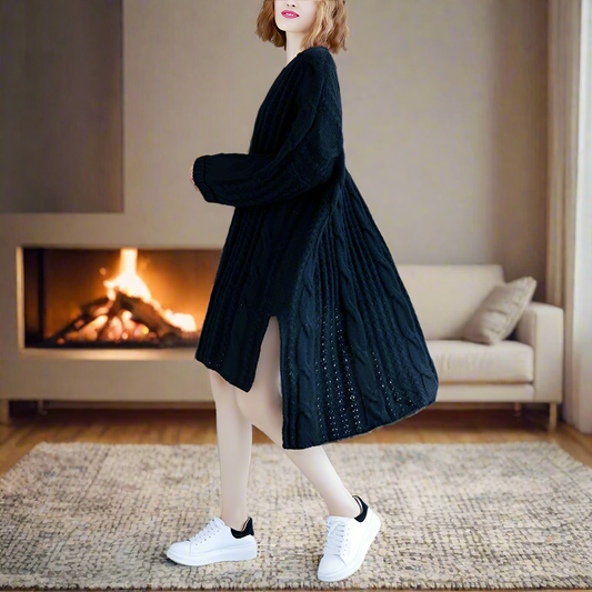 Women's round neck slit long sleeve solid color twist sweater dress