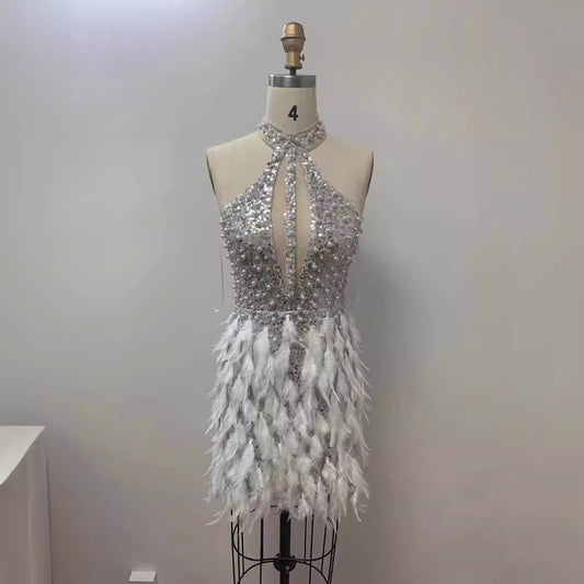 Sequined Feather Skirt Hollow-out Halter Dress