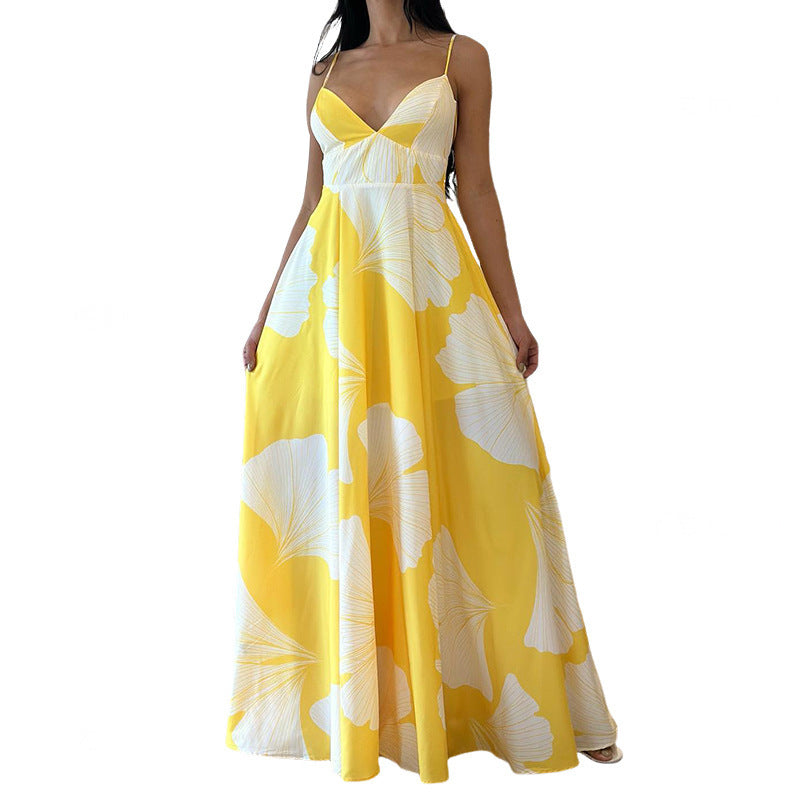 Fashion Print Sling High Waist Mid-length Dress